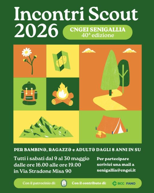 INCONTRI SCOUT 2026 - 40ª EDIZIONE 🏕

Da sabato 9 a sabato 30 maggio, i nostri incontri del sabato saranno aperti a chiunque voglia sperimentare il nostro mondo.

Per partecipare inviaci una mail a 📩 senigallia@cngei.it o segui il link che trovi nelle storie.

Vi aspettiamo nella nostra piccola grande famiglia!

#scoutismo #CNGEI